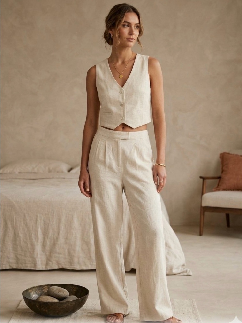 High-Waist Wide-Leg Cream Linen-Blend Pants with Matching Vest